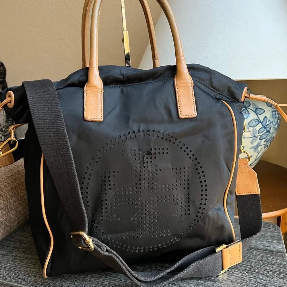 Tory Burch Perforated Logo Black Nylon Drawstring Top handle Large Crossbody
